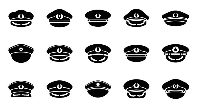 Set of Black Silhouette Police Officer Hats Icons Vector