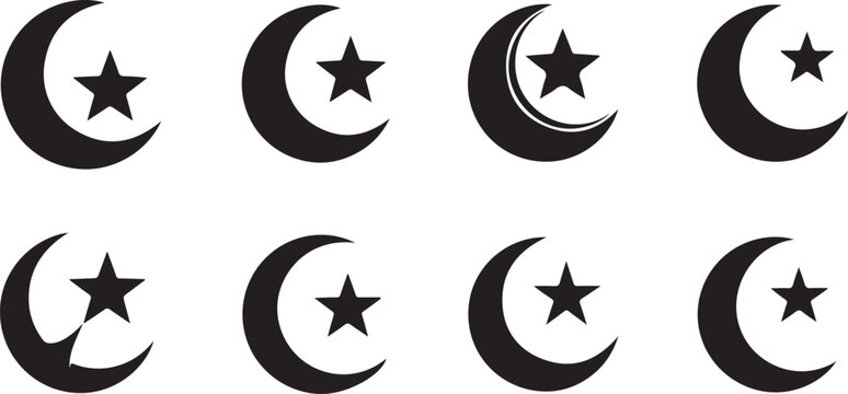 Black crescent moon and star symbols on white background