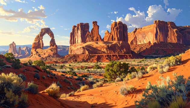 Rusty Red Desert Landscape Arch Rock Formations Under Blue Sky