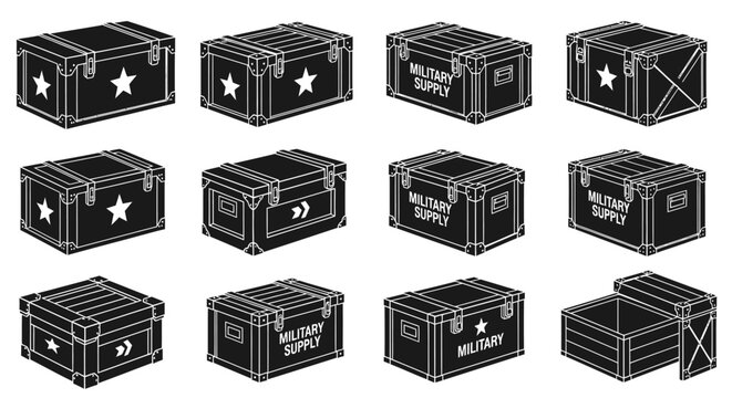 Set of Vintage Military Supply Crates and Chests - Vector Icons