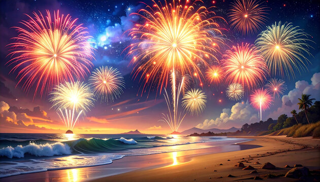 Colorful Fireworks Over Calm Beach at Sunset