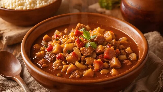 Rustic bowl of hearty vegetable stew with beans and spices