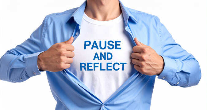 pause and reflect - Ein Mann öffnet sein Hemd und zeigt sein TShirt