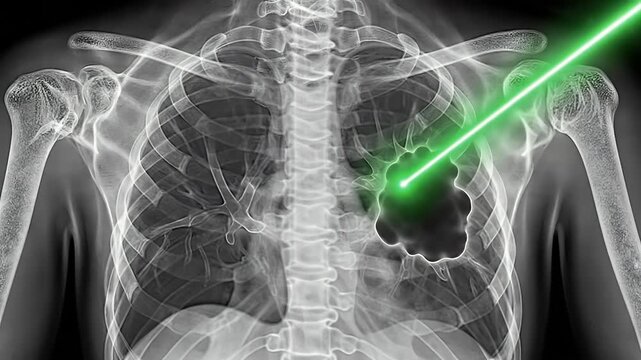 Green laser beam targeting a tumor in a human lung on x-ray