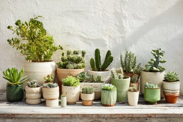 Fototapeta premium Succulents and cacti of different sizes are arranged on an outdoor table. The plants are in ceramic pots and set against a white wall with some greenery