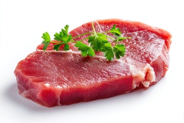Obraz premium Raw veal cutlet displayed on a white background shows its rich color and fresh appearance. Green parsley adds a touch of color to the cut of meat