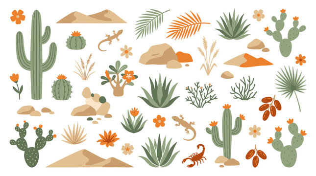 Desert landscape collection with cacti lizards scorpions and arid plants in flat design style