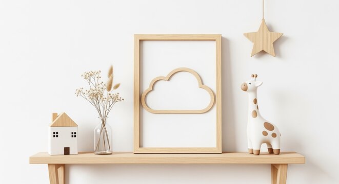 Wooden shelf with framed cloud art, star ornament, house figurine, glass vase with dried flowers, and wooden giraffe toy. Perfect for nursery decor and minimalist interior styling.