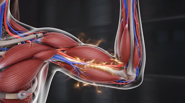 Human arm muscles and blood vessels with glowing energy during exertion