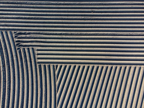 Aerial view of geometrically aligned patterns in the soil, the sharp shadows accentuating the furrows, creating a textured tapestry from above, Arrien, Overijssel, Netherlands.