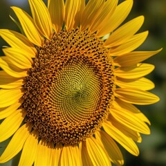 Obraz premium A detailed macro shot capturing the intricate pattern of seeds and bright yellow petals on a large sunflower head in warm sunlight, garden, season, botany