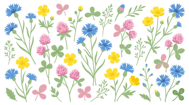 Collection of delicate wildflowers including cornflowers clover and buttercups isolated on white background for floral design and decoration