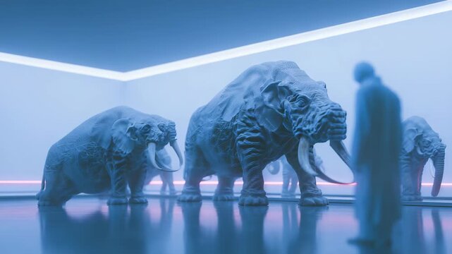 A person stands in a contemporary room, gazing at life sized mammoth sculptures illuminated by blue and pink neon lights. The surreal setting merges prehistoric creatures with futuristic design