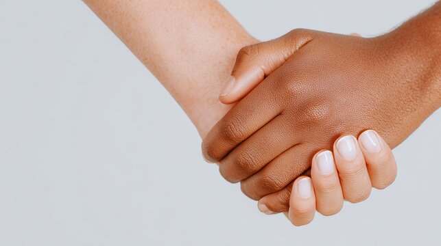 Close-up of two people from diverse backgrounds holding hands against a neutral, light gray background. The gesture conveys a sense of unity, support, and human connection. 