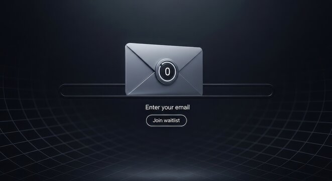 Metallic gray envelope icon with zero notification badge floating over a dark futuristic tech background grid