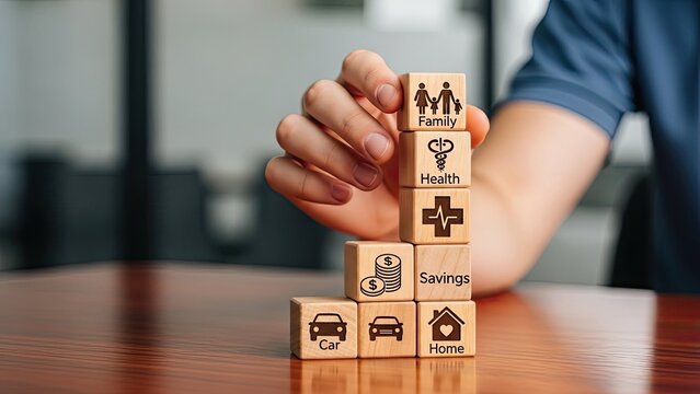 Person balancing wooden blocks with life priorities and financial goals icons