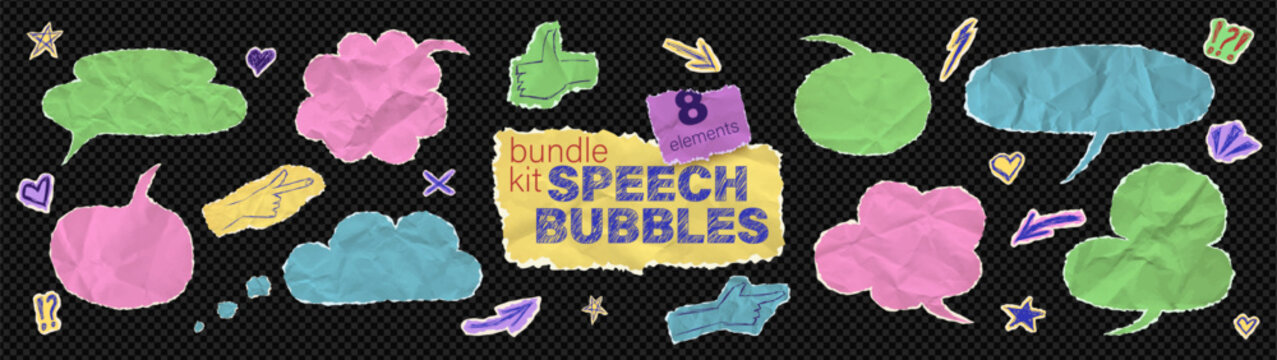 Speech bubble sticker dialogue box bundle kit. Set of colorful comic sheet torn with scribble talking balloons, message label. Scrapbook paper piece idea crafts for collage on like transparent png bg