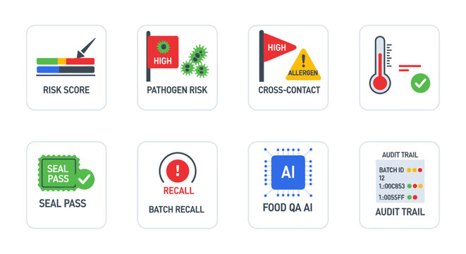 Set of Food Safety and Quality Assurance Icons for Risk Assessment, Audit Trail, Pathogen Control, and AI Monitoring in Industrial Manufacturing