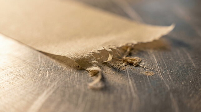 Macro shot of a torn piece of beige masking tape showing fibrous edges on a scratched metallic surface