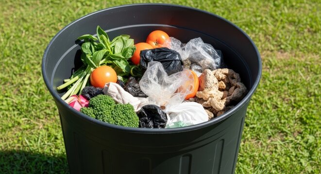 A black trash can filled with food waste and plastic bags on green grass outdoors.