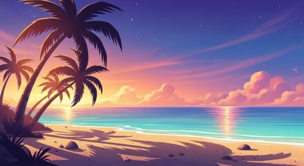 Obraz premium A serene tropical beach at sunset with palm trees and calm ocean waters