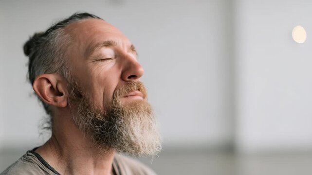 Close up portrait of a calm older man with a gray beard meditating in a modern light space. Mindful mature person embracing tranquility and stress relief through deep breathing and self care
