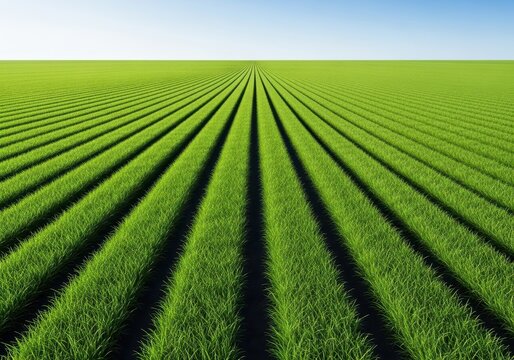 Wide angle view of a vast, meticulously maintained turf farm with parallel lines of growing green sod under bright daylight, harvest, squares, abundant</blockquote>