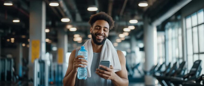 Man using smartphone after workout at gym.