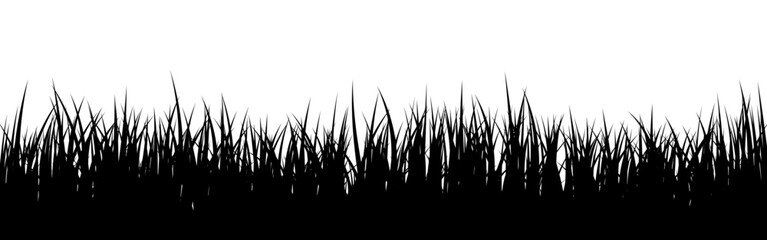 Naklejka premium Meadow silhouette with grass, plants on plain. Panoramic summer lawn landscape with herbs, various weeds. Herbal border, frame element. Black horizontal banners. Vector illustration