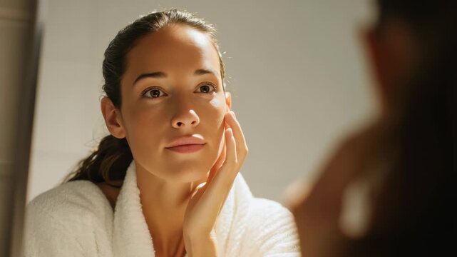A serene young woman enjoys her morning skincare routine, softly touching her face in front of a mirror. Natural sunlight highlights her healthy complexion and peaceful mood