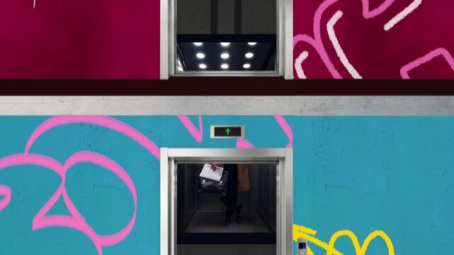 Different people interacting inside elevator with bright graphic backgrounds in motion sequence. Concept of social media lifestyle, urban communication, modern behavior and digital content creation.
