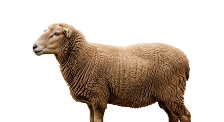 Fototapeta premium A brown sheep standing on an isolated transparent background looking to the left with a detailed woolly coat