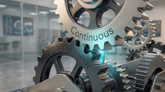 A conceptual 3D render of dynamic, continuous improvement gears in a professional setting.