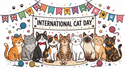 Fototapeta premium A multiple cats in the style around text that reads happy international cat day