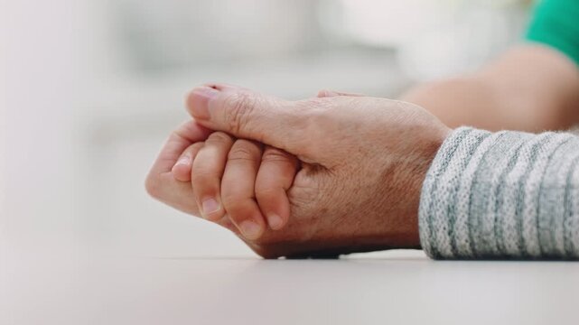 Holding hands, grandparent or child in house with love, childcare or bonding in healthy relationship. Trust, old woman or grandchild with support, family care or connection for childhood development.