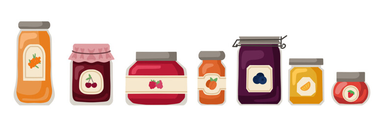 Vector set of various berry jams. Collection of clip art of jars with sweet syrup in a flat style © veleri_kz