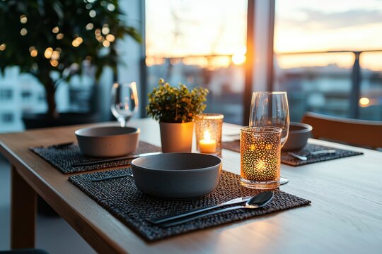 Cozy weeknight dinner setup urban apartment casual dining evening ambiance straight-on view relaxing meal concept