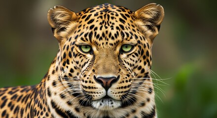 Fototapeta premium Close-up portrait of a leopard with striking golden eyes and distinctive black spots on tan fur. Features alert expression, pointed ears, and prominent whiskers. Perfect for wildlife content.