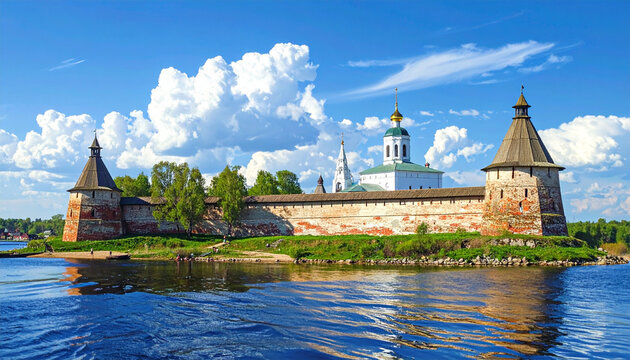 Historic Waterfront Fortress with Towers and Brick Wall by River