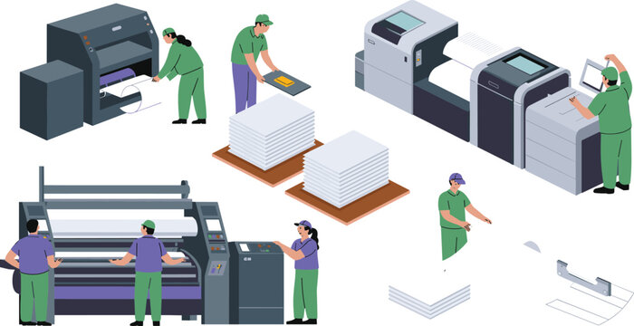Isometric Professional Printing House Vector Set Featuring Workers Operating Large Format Printers Offset Machines and Paper Production Equipment
