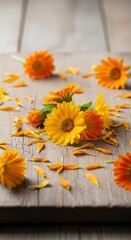 Obraz premium Bright yellow and orange calendula flowers and dried petals arranged on a rustic wooden surface for herbal preparation or natural remedy uses, remedy, marigold, dry