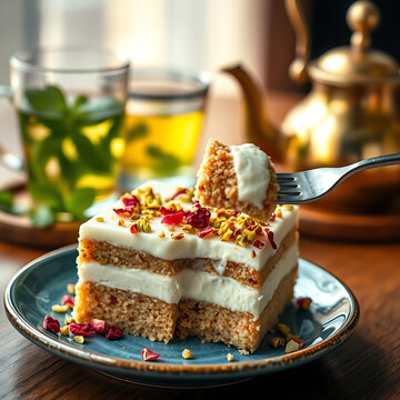 A close-up photograph of a square slice of traditional Middle Eastern Basbousa with cream (Basbousa bil Ashta). The dessert has a semolina cake base and a thick white cream layer