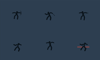 Fototapeta premium A series of six stick figure icons depicting various action poses on a dark blue background panel