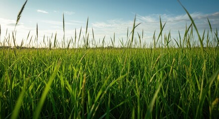 Obraz premium Lush, vibrant green meadow filled with unusually tall grasses swaying gently under a wide open sky on a sunny, beautiful day, green, wild, agriculture