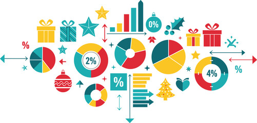 Fototapeta premium Christmas data infographic elements flat vector illustration festive charts graphs percentages and icons with gifts stars and holiday decorations set