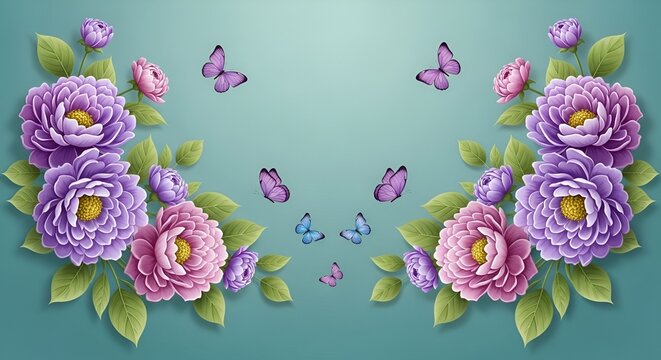 Spring background with copy space. Frame of Paper Flowers and green leaves composition. Postcart template for mother / women day pastel mint lavender colors See Less
