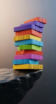 Stacked wooden blocks wobble precariously on a sharp edge, symbolizing risk, fragile balance, and imminent collapse, high, tension, tipping point