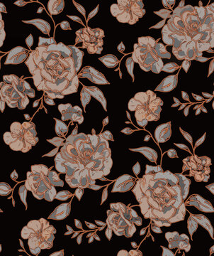 Allover pattern abstract mix floral flowers design seamless creative effect different type  leaves in repeat for digital print trending fashion saree suit kurti parda chader rug all type fabric print.