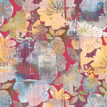 Allover pattern abstract mix floral flowers design seamless creative effect different type  leaves in repeat for digital print trending fashion saree suit kurti parda chader rug all type fabric print.