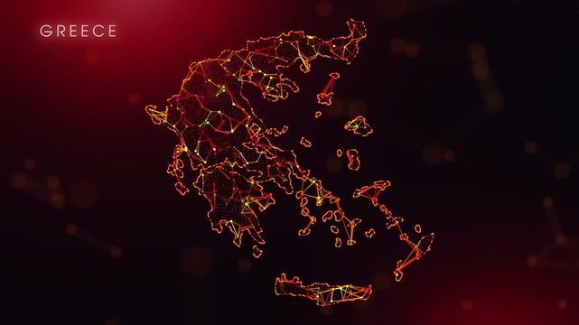 A dynamic motion video showcasing the Greece country border through a colorful plexus reveal. Glowing red and orange dots represent high-tech data communication and global digital networks.